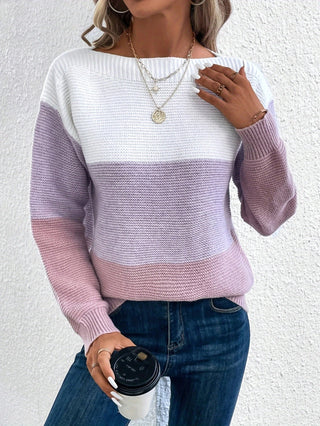 Buy purple Pullover Knitted Sweater Fashion Round Neck Splicing Knitwear Loose Top Women&#39;s Clothing