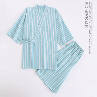 Buy mens-striped-green Cotton Washed Pajamas Suit Thin Striped Men&#39;s And Women&#39;s Japanese Couple Kimono Trousers Homewear Suit