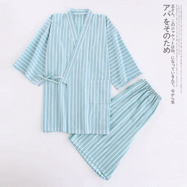 Cotton Washed Pajamas Suit Thin Striped Men's And Women's Japanese Couple Kimono Trousers Homewear Suit