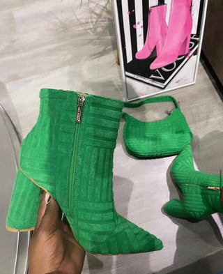 Buy green European And American Leisure Chunky Heel High Heel Pointed Boots Solid Color Towels Fabric