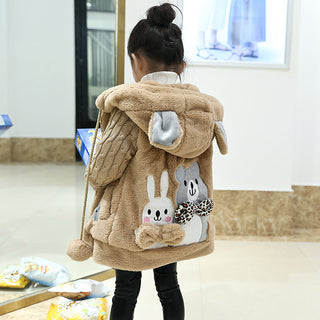 Buy khaki Girl Cute Cartoon Hooded Jacket Girl Warm Woolen Coat