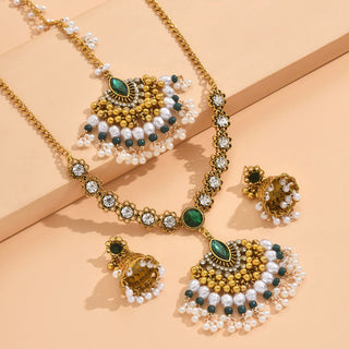 Buy b9025-green Indian Ethnic Style Vintage Gemstone Beads Jewelry Earrings Necklace 2 Pieces Suit