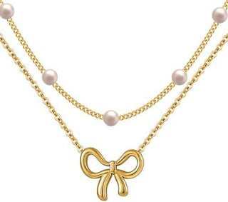 Buy gold Simple Pearl Double Layer Choker Fashion Gold Color Necklaces Chain Small Bow Pendant Necklace Jewelry Gifts For Women Fashion Jewelry Valentine&#39;s Day Gifts