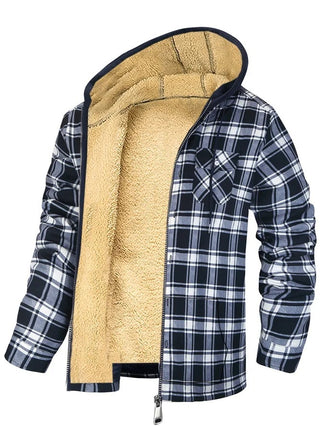 Buy black-and-white-plaid Men&#39;s Plaid Print Hooded Zip-Up Jacket Winter Thickened Cotton-padded Coat Warm Clothing