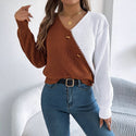 Casual V-neck Button Contrast Color Lantern Sleeve Pullover Sweater