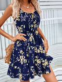 Floral Print Suspender Dress With Elastic Waist Design Fashion Summer Short Dresses