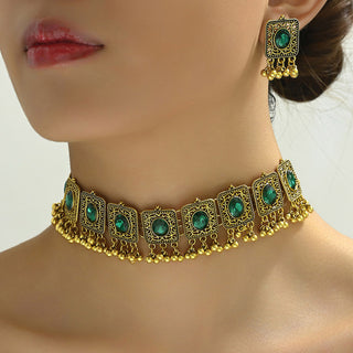 Buy b9033-green Indian Ethnic Style Vintage Gemstone Beads Jewelry Earrings Necklace 2 Pieces Suit