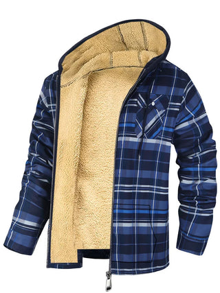 Buy navy-blue Men&#39;s Plaid Print Hooded Zip-Up Jacket Winter Thickened Cotton-padded Coat Warm Clothing