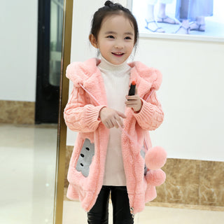 Buy pink Girl Cute Cartoon Hooded Jacket Girl Warm Woolen Coat