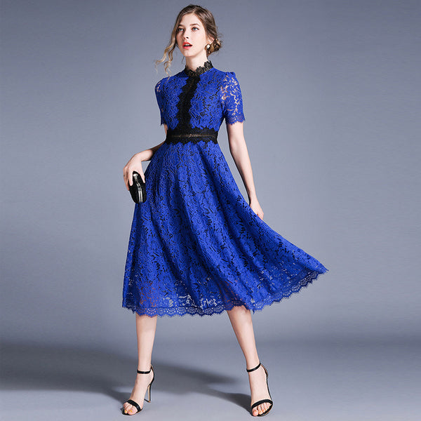 New European And American Style Hook Flower Hollow Stitching Lace Dress