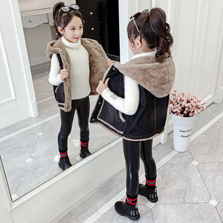 Spring And Autumn New Children's Denim Vest Clip  Girls Thick Hooded