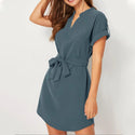 Women V-neck Short Sleeve Dress With Belt