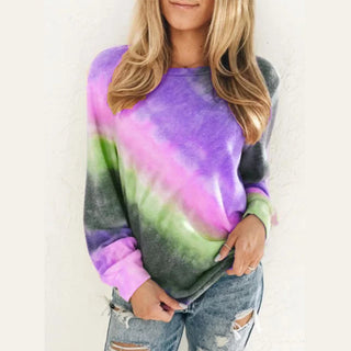 Women Fashion Tie Dye Rainbow Casual Long Sleeve T-shirt