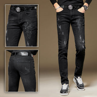 Buy black-7711 Embroidered Jeans Men&#39;s Slim Fit Ankle Tight Trousers