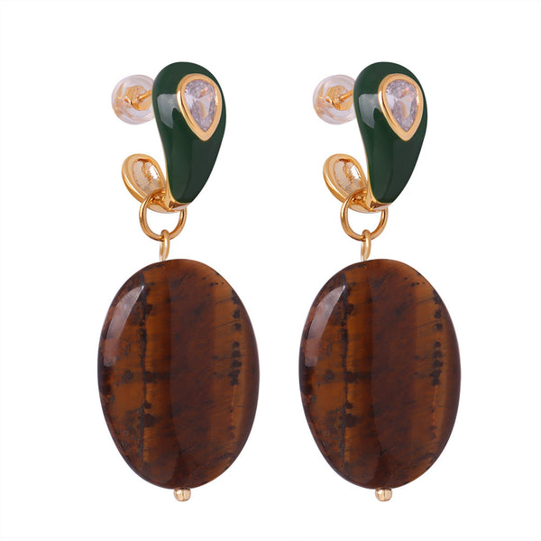 Retro Style Copper Material Natural Gemstone Pendant Earrings Jewelry