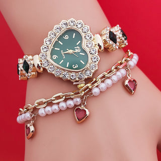 Buy green-watch-bracelet Fashion Diamond-embedded Love Heart-shaped Bracelet Watch Suit