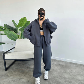 Buy dark-gray Sports Suits With Pockets Stand-up Collar Zipper Cardigan And Drawstring Trousers Fashion Jogger Set Outfits Tracksuits Women&#39;s Clothing