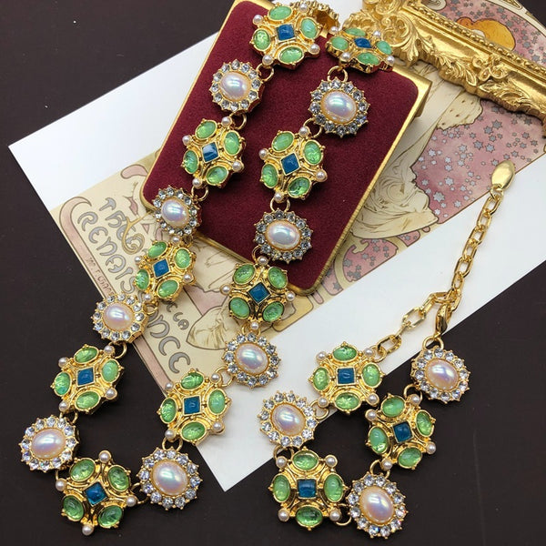 Flower Gem Diamond Necklace Bracelet Ear Studs Gold Plated Suit