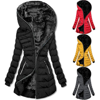 Women Hooded Warm Fleece Mid-length Padded Jacket