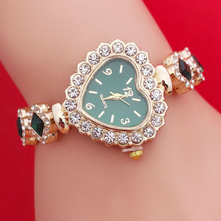 Buy green Fashion Diamond-embedded Love Heart-shaped Bracelet Watch Suit