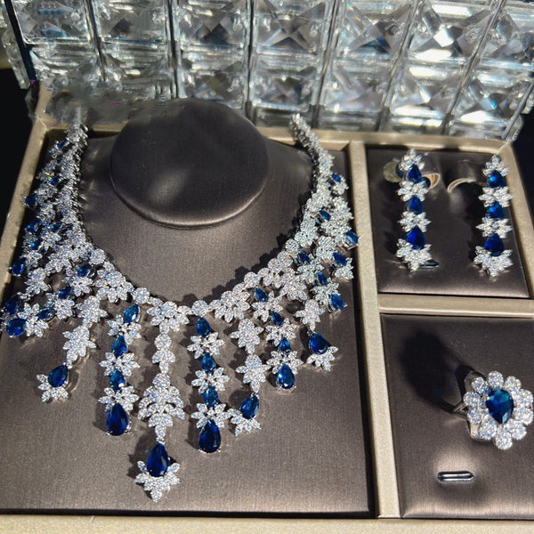 Blue Full Rhinestone Zircon Tassel Necklace Earring Bracelet Four-piece Set