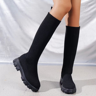 Buy black Fashion Knitted Boots Women&#39;s Flyweaving Breathable Thick-soled Skinny Boots Winter Fall Shoes