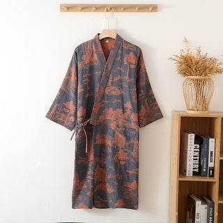 Buy dark-blue Men&#39;s Cotton Gauze Kimono Long Dress Bathrobe