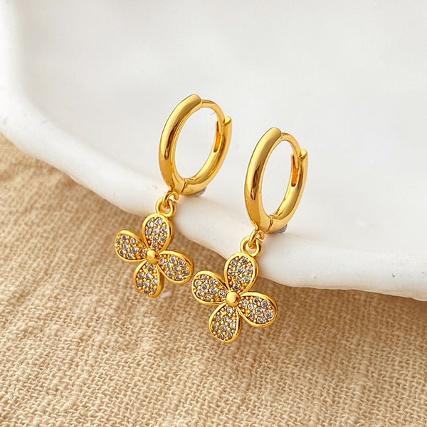 Flower Ear Clips Copper Plating 18K Real Gold Inlaid Zircon Fashion