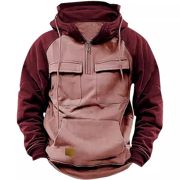 Men's Half Zipper Solid Warm Fleece Sweatshirts Multi Pockets Hooded Jackets