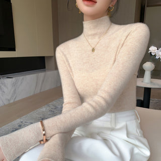 Buy milk-tea-color Warm Long Sleeves Knitted Half Turtleneck Women&#39;s Base Shirt