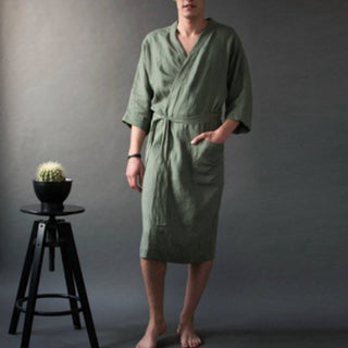 Buy green Men&#39;s And Women&#39;s Long Solid Color Linen Pajamas Robe Bathrobe