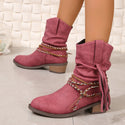 Women's Autumn And Winter Pleated Tassel High Heel Mid-calf Length Loose Socks Boots