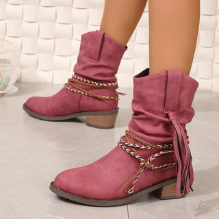 Buy rose-red Women&#39;s Autumn And Winter Pleated Tassel High Heel Mid-calf Length Loose Socks Boots