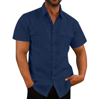 Buy navy-blue Men&#39;s Button Short Sleeve Double Pocket Shirt