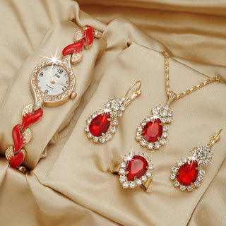 Buy red-love-watch-suit Fashion Watch Gift Suit Quartz Watch Necklace Bracelet Ring Stud Earrings