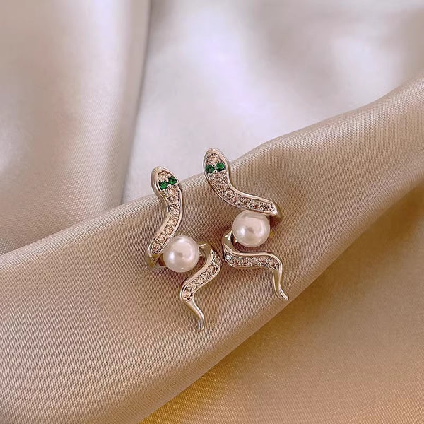 Exquisite Full Rhinestone Zircon Simulated Snakes Bead Stud Earrings For Women