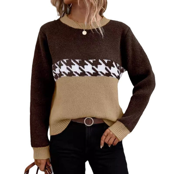 Contrast Color Pullover Round Neck Knitted Sweater Fashion Geometry Pattern