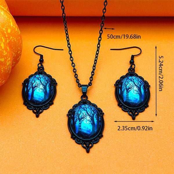 3pcs Vintage Halloween Tree Of Life And Witch Necklace Set With Earrings Alloy Pendant Jewelry