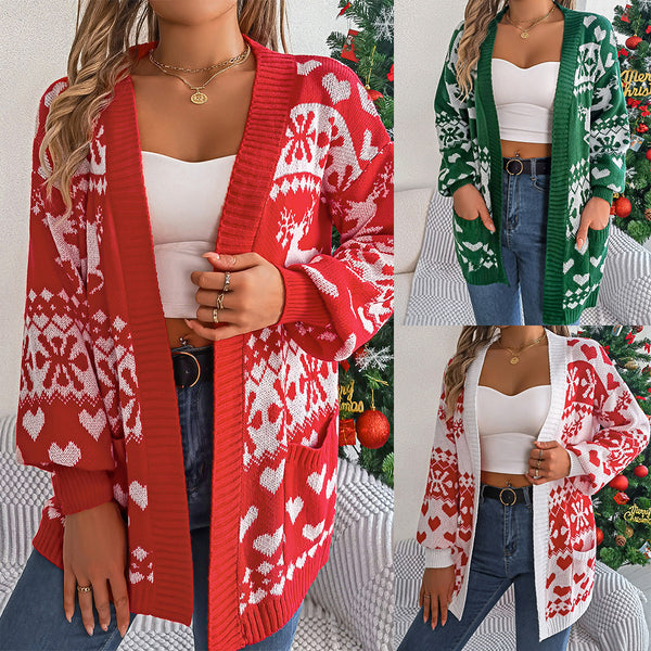 2024 Christmas Clothes Women's Open Front Cardigan Knitwear Lantern Sleeve Xmas Printed Oversized Deer Sweater Pockets Knitted