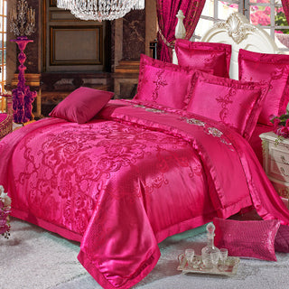 Buy rose-red Ice Silk Jacquard European Luxury High-end Linen And Cotton Bedding Set