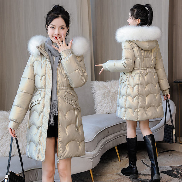 Glossy Women's Mid-length Thickened Warm Slim-fit Figure Flattering Fur Collar Cotton Clothes