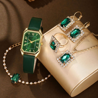 Buy green-5-pcs-set Leather Women&#39;s Watch Square Quartz Watch Korean Necklace Earrings Ring Set