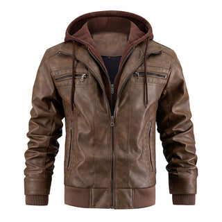 Buy brown Hooded Jacket With Zipper Pockets Fashion Warm Pu Leather Coat