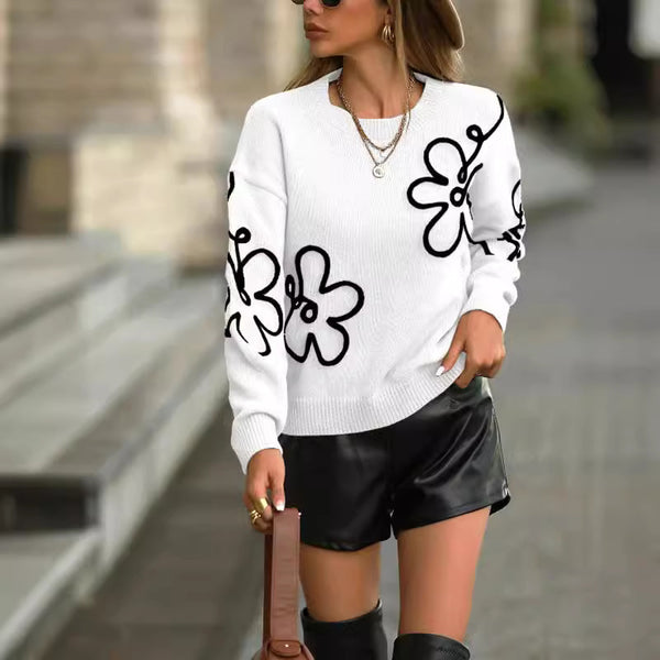 Solid Color Flower Jacquard Knitted Sweater Fashion Pullover