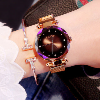 Buy l-rose-golden-brown Women&#39;s Starry Quartz Lazy Magnet Strap Iron-absorbing Watch