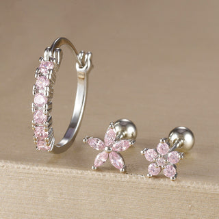 Buy y26269-silver-pink-3pcs Gold Plated Diamond Earrings Micro Inlaid Zircon