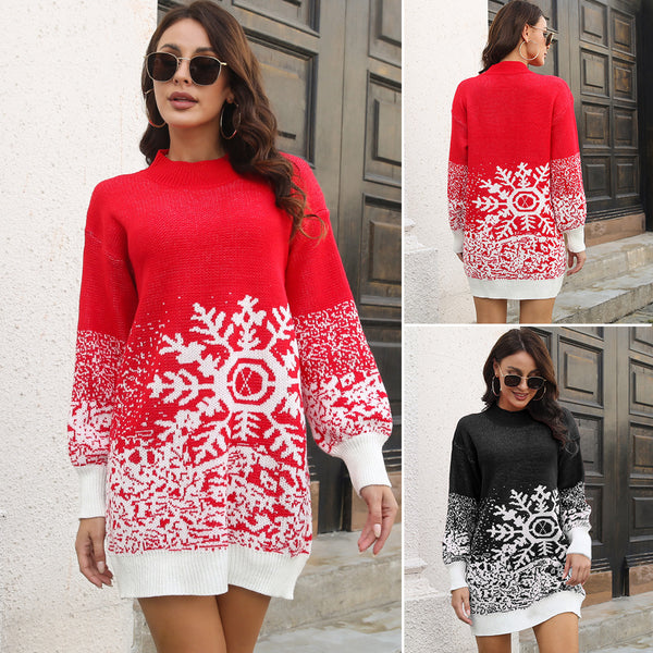 Christmas Snowflake Sweater Dress Loose Pullover Knitted Dresses