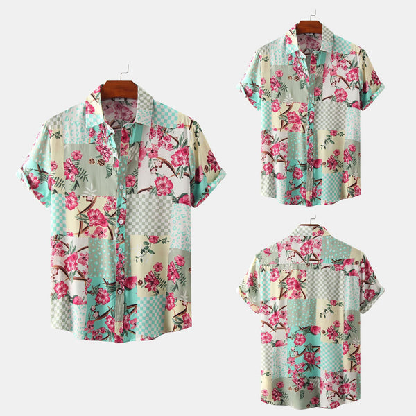 Men Short Sleeve Floral Shirt With Slim Lapel