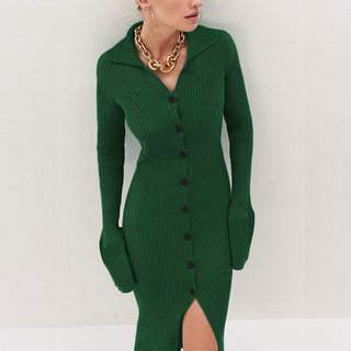 Buy green Long Button Flare Sleeve Strip Sweater Cardigan Dress