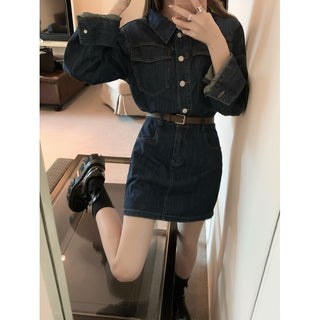 Temperament Long-sleeved Denim Belted Dress